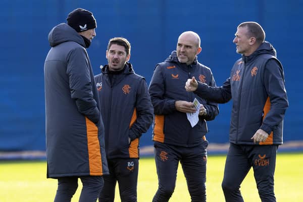 Rangers manager Philippe Clement with coaches Alex Rae (centre), Brian Gilmour and Stephan Van Der Heyden. (Photo by Alan Harvey / SNS Group)