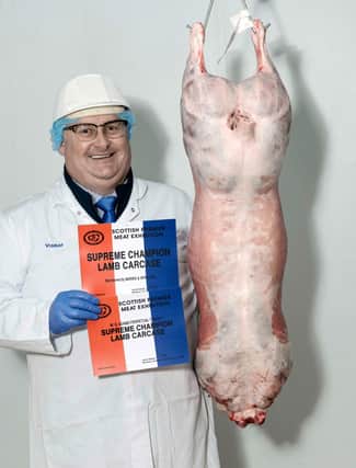 Supreme Champion Lamb Carcase at Scottish Premier Meat Exhibition  Friday 12th Nov 2021
Judge  Jimmy Stark, Bluebell,Milton of Glasgow is seen with his champion from the Hall Family, Inglewood Edge, Dalston.
