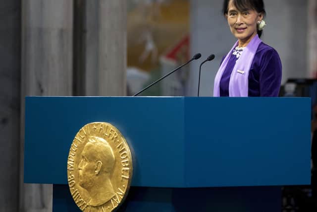 Aung San Suu Kyi delivers a speech during the Nobel ceremony at Oslo's City Hall, Norway. Myanmar's military has taken control of the country under a one-year state of emergency and reports say State Counsellor Aung San Suu Kyi and other government leaders have been detained. Picture: Daniel Sannum Lauten via AP, File