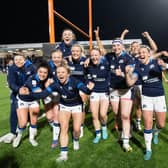 Scotland players celebrate at full time during a TikTok Women's Six Nations match between Scotland and Ireland at the DAM Health Stadium, on April 29, 2023, in Edinburgh, Scotland.  (Photo by Ross Parker / SNS Group)