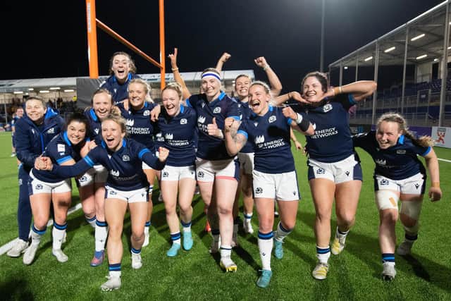 Scotland players celebrate at full time during a TikTok Women's Six Nations match between Scotland and Ireland at the DAM Health Stadium, on April 29, 2023, in Edinburgh, Scotland. (Photo by Ross Parker / SNS Group)