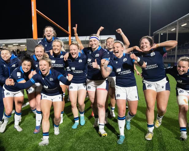 Scotland players celebrate at full time during a TikTok Women's Six Nations match between Scotland and Ireland at the DAM Health Stadium, on April 29, 2023, in Edinburgh, Scotland.  (Photo by Ross Parker / SNS Group)