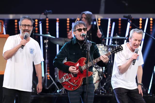 Ian Broudie (centre) of the Lightning Seeds performs the Three Lions song with David Baddiel (left) and Frank Skinner (Picture: David Davies/PA)