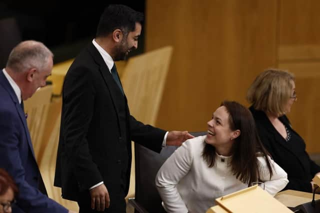 Humza Yousaf and Kate Forbes looked cordial enough on Tuesday but the former finance secretary turned down the new First Minister's offer to become rural affairs secretary (Picture: Jeff J Mitchell/Getty Images)