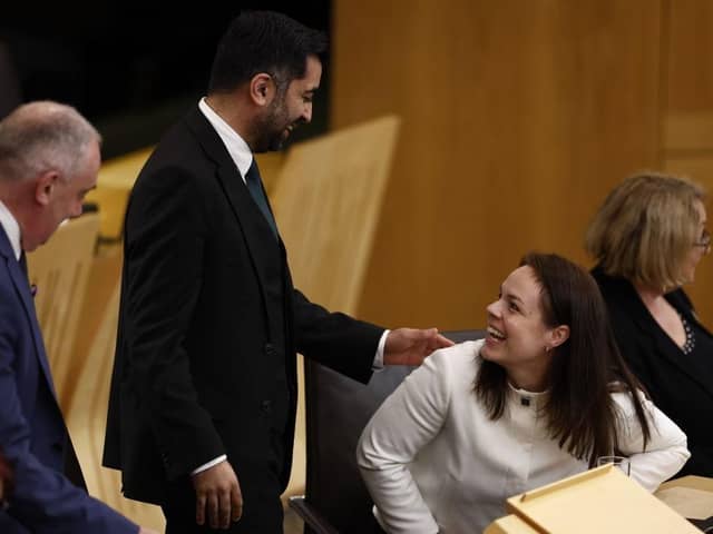 Humza Yousaf and Kate Forbes looked cordial enough on Tuesday but the former finance secretary turned down the new First Minister's offer to become rural affairs secretary (Picture: Jeff J Mitchell/Getty Images)