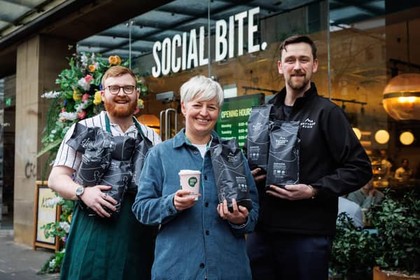 From left: Alastair Lindsay (general manager of the Social Bite Sauchiehall Street branch), Mel Swan (commercial and operations director at Social Bite), and Kevin McGeachan, (national account executive at Matthew Algie). Picture: contributed.April 2024