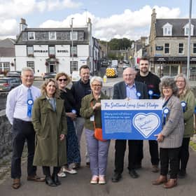 Councillors and businesses join forces in Ellon to promote the Scotland Loves Local Pledge – signed by Aberdeenshire Council leader Cllr Gillian Owen on behalf of the local authority