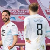 Raith Rovers' Regan Tumilty celebrates scoring against Hearts in 2021.