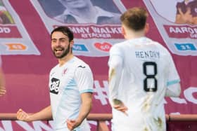 Raith Rovers' Regan Tumilty celebrates scoring against Hearts in 2021.