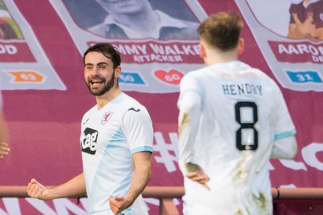 Raith Rovers' Regan Tumilty celebrates scoring against Hearts in 2021.