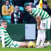 Celtic's Carl Starfelt went down with an injury during a Cinch Premiership against Livingston.