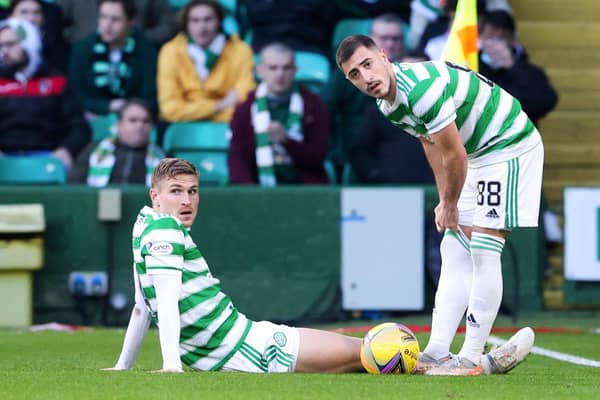 Celtic's Carl Starfelt went down with an injury during a Cinch Premiership against Livingston.