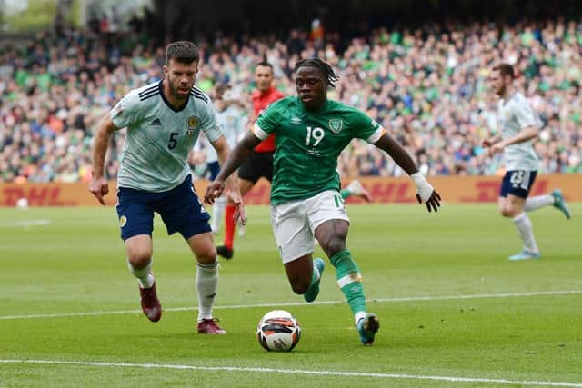 Grant Hanley, recently relegated from the English Premier League with Norwich, shadows Michael Obafemi at Aviva Stadium. (Photo by Charles McQuillan/Getty Images)