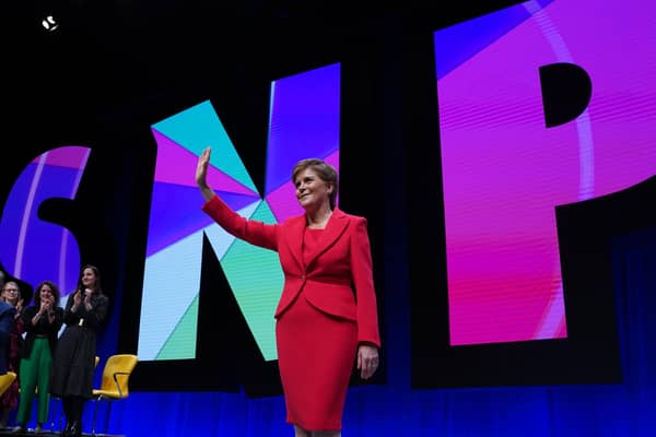 First Minister Nicola Sturgeon after delivering her keynote speech during the SNP conference at The Event Complex Aberdeen (TECA) in Aberdeen, Scotland