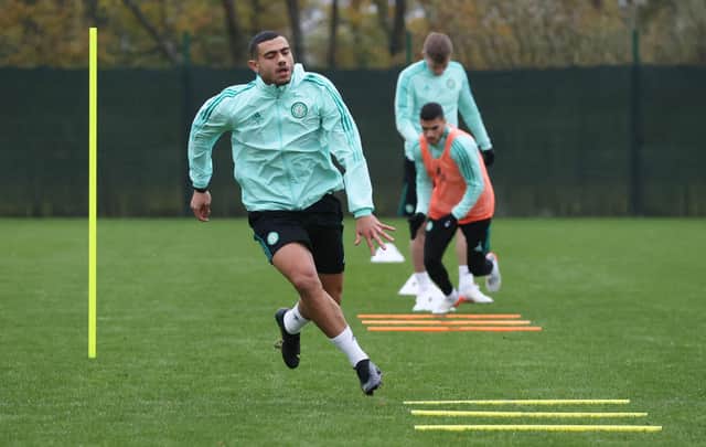 Giorgos Giakoumakis during a Celtic training session at Lennoxtown.