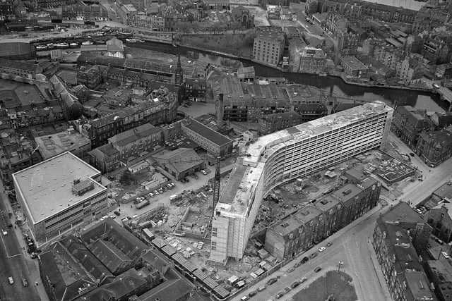 Aerial shot of the new flats being built at Cables Wynd as part of the redevelopment of Leith in May 1965.