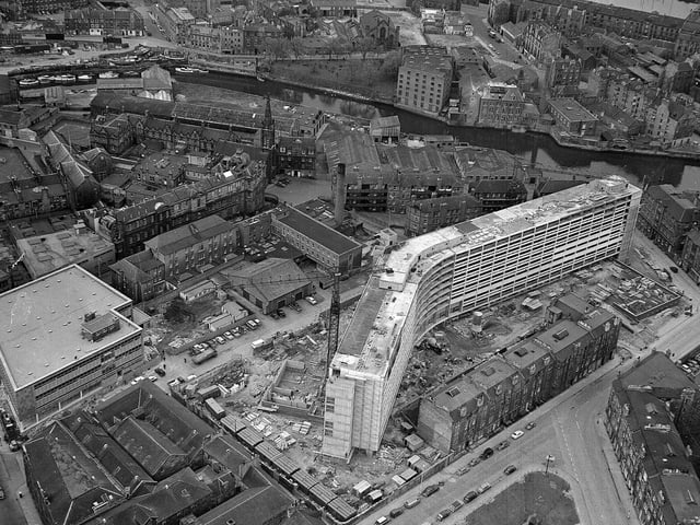 Aerial shot of the new flats being built at Cables Wynd as part of the redevelopment of Leith in May 1965.