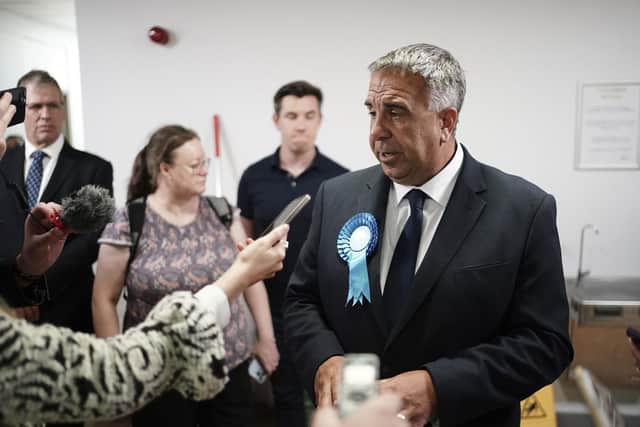 Conservative MP Steve Tuckwell speaks to the media in Queensmead Sports Centre in South Ruislip, west London, after winning the Uxbridge and South Ruislip by-election,