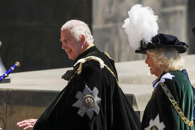 King Charles III and Queen Camilla arrive for the National Service of Thanksgiving and Dedication for King Charles III and Queen Camilla, and the presentation of the Honours of Scotland at St Giles' Cathedral in Edinburgh. Picture date: Wednesday July 5, 2023. PA Photo. See PA story ROYAL King. Photo credit should read: Lisa Ferguson/PA Wire