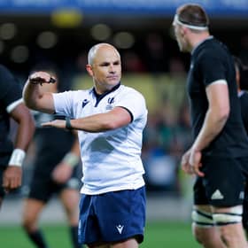 Referee Jaco Peyper of South Africa makes a call during the International Test match between the New Zealand All Blacks and Ireland last weekend.