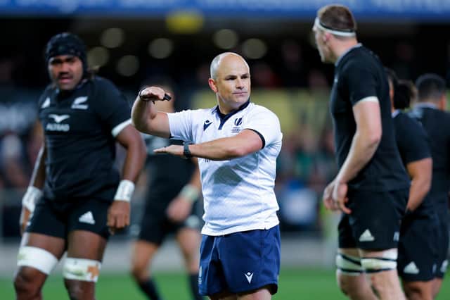Referee Jaco Peyper of South Africa makes a call during the International Test match between the New Zealand All Blacks and Ireland last weekend.