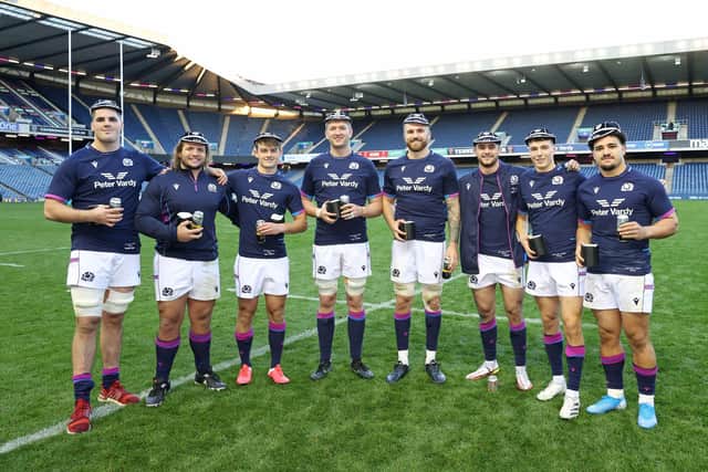 Scotland's debutants Marshall Sykes, Pierre Schoeman, Ross Thompson, Jamie Hodgson, Luke Crosbie, Rufus McLean, Jamie Dobie and Sione Tuipulotu.