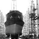 The cargo ship 'Kaitoa', weighing 2583 gross tonnes, is launched from Henry Robb Shipyard in Leith in  1956