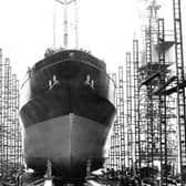 The cargo ship 'Kaitoa', weighing 2583 gross tonnes, is launched from Henry Robb Shipyard in Leith in  1956