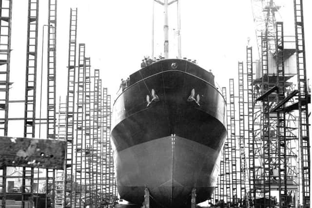 The cargo ship 'Kaitoa', weighing 2583 gross tonnes, is launched from Henry Robb Shipyard in Leith in 1956