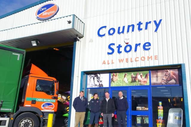 From right to left: Mark Tasker-Brown (regional branch manager, Carrs Billington) Colin Noble (director, Alex F Noble & Son) Kelly Mitchell (branch supervisor, Carrs Billington) and Tom Weir (area sales manager, Carrs Billington) at the new premises at Eastfield Industrial Estate, Penicuik. Picture: Contributed