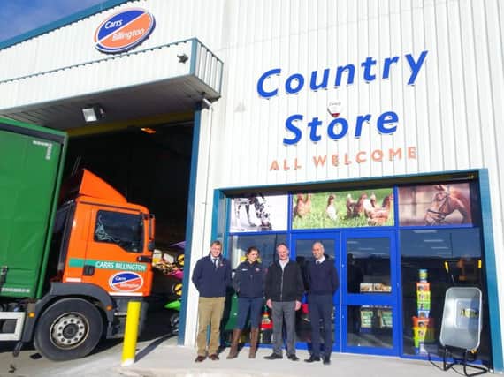 From right to left: Mark Tasker-Brown (regional branch manager, Carrs Billington) Colin Noble (director, Alex F Noble & Son) Kelly Mitchell (branch supervisor, Carrs Billington) and Tom Weir (area sales manager, Carrs Billington) at the new premises at Eastfield Industrial Estate, Penicuik. Picture: Contributed
