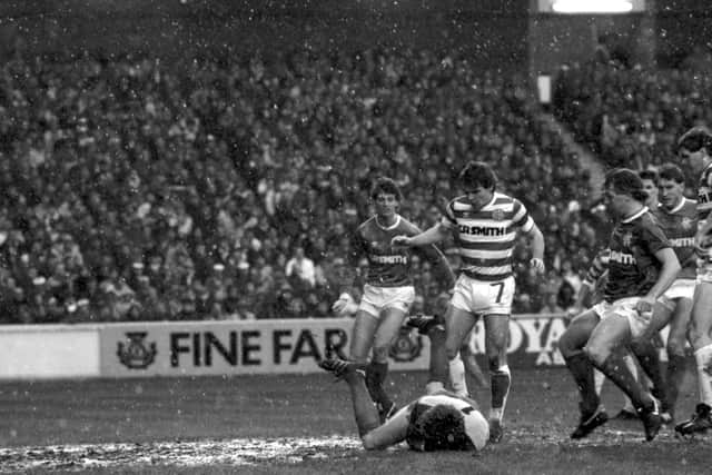 Pat Bonner makes a save during a snow-hit Old Firm derby. Rangers ran out 2-0 winners with goals courtesy of Ally McCoist and Robert Fleck.