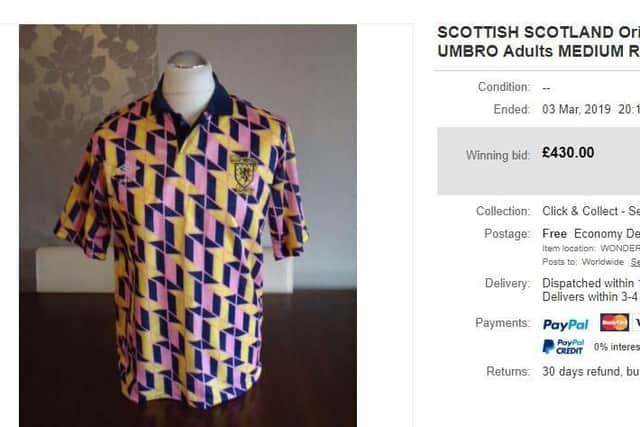 Sold for 430. Remeniscent of an MC Escher painting, this training kit from 1990 has proved hugely popular with a select number of football hipsters. One listing recently fetched 430.