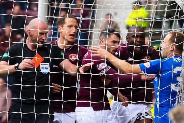 The midfielder was punished for a crazy lunge at Hearts goalkeeper Zdenek Zlamal.