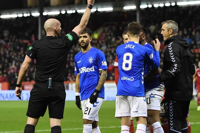 The Colombian tangled with Scott McKenna with both players seeing red for his THIRD red card against Aberdeen.