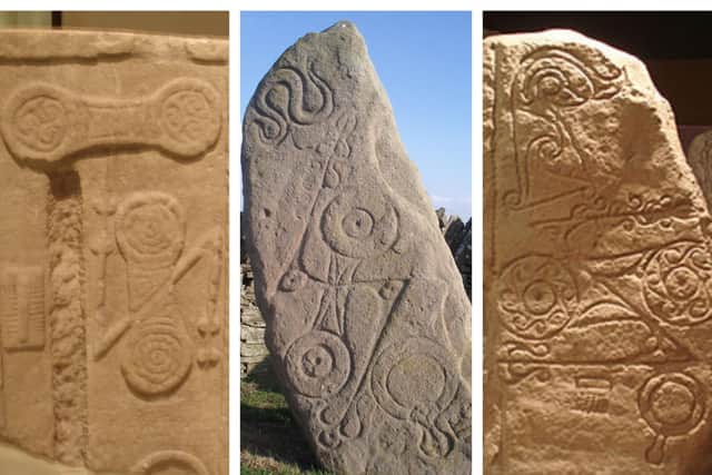 The Pictish double disc symbol on standing stones found at (left to right) Monifieth, Aberlemno and Dunnichen. It's meaning is unknown.