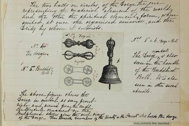 A page from the notebook of Dr Wise which shows his work on the theory that connects Pictish symbols to those of Tibetan monks. PIC: McManus Museum and Art Gallery.
