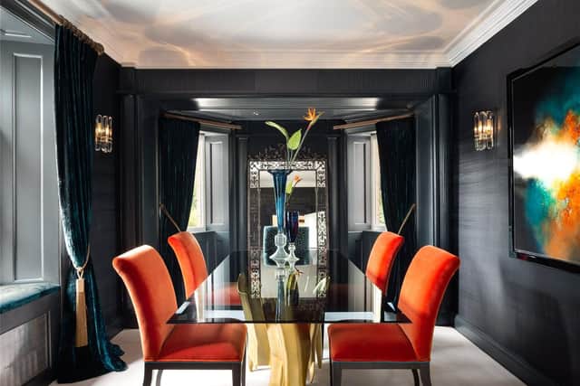 The dining room has an eye-catching colour scheme.