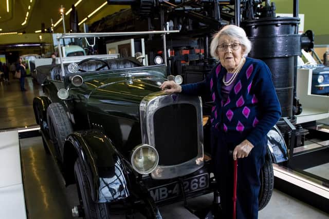Yvette Le Couvey beside the Galloway coupe at the Riverside Museum in Glasgow. Picture: Craig Williamson/SNS
