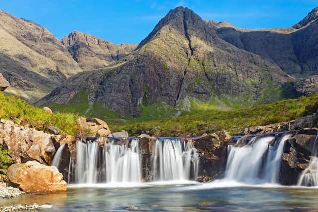 You'll find the Fairy Pools at Glenbrittle on the Isle of Skye - they are beautiful rock pools of the most crystal clear spring water you've ever seen, fed by a series of waterfalls from the Cuillin Mountains.