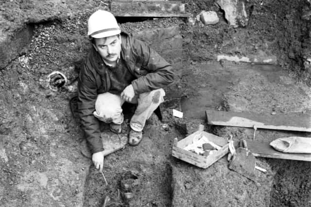 Consultant archaeologist Peter Yeoman with one of the four skeletons uncovered at Edinburgh Castle when the entrance was being moved in December 1988.
