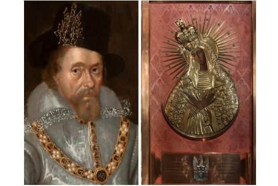 John de Critz portrait of King James VI of Scotland, which hangs in Fyvie Castle (left) and Icon of Our Lady of Ostrobrama, which was made by Polish soldiers during World War Two and which can be found in the chapel at Falkland Palace.