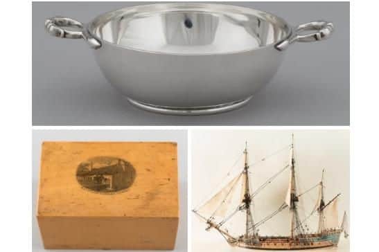 A circular silver porringer with twin moulded oval handles and a Queen Anne half crown coin dated from 1707 which is on show at Hill of Tarvit near Cupar (top), a Mauchline ware box made from sycamore that depicts Hugh Millers Birthplace Cottage in Cromarty (left),  and replica of the Du Teillay ship on which Bonnie Prince Charlie arrived in Scotland at the start of the 1745 Rising. It is held at Glenfinnan Monument and Visitor Centre.