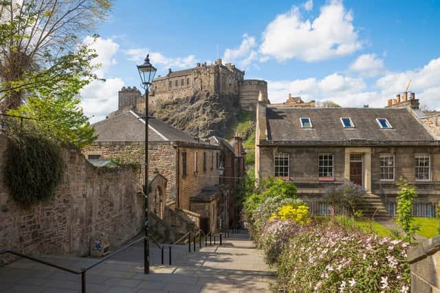 Edinburgh Castle viewed from the Vennel by the Grassmarket
