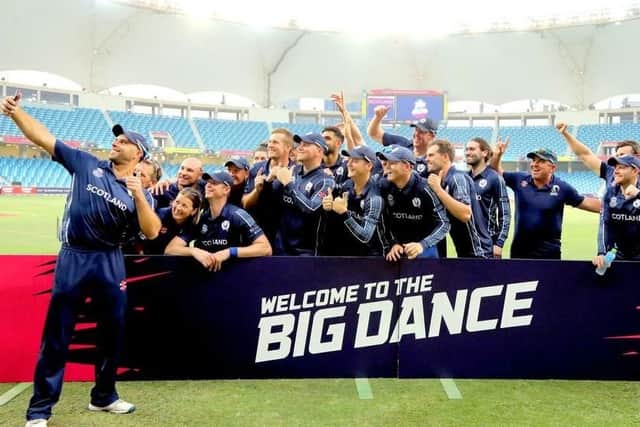 Scotland celebrate qualifying for the T20 World Cup in Australia after defeating the UAE
