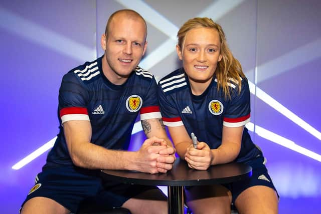 Steven Naismith and Erin Cuthbert in the new Scotland kit.