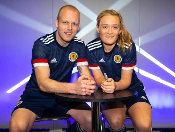 Steven Naismith and Erin Cuthbert in the new Scotland kit.