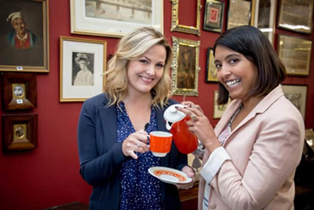 Actresses Jo Joyner and Sunetra Sarker on Celebrity Antiques Road Trip. Picture:  Adrian Travis Photography.