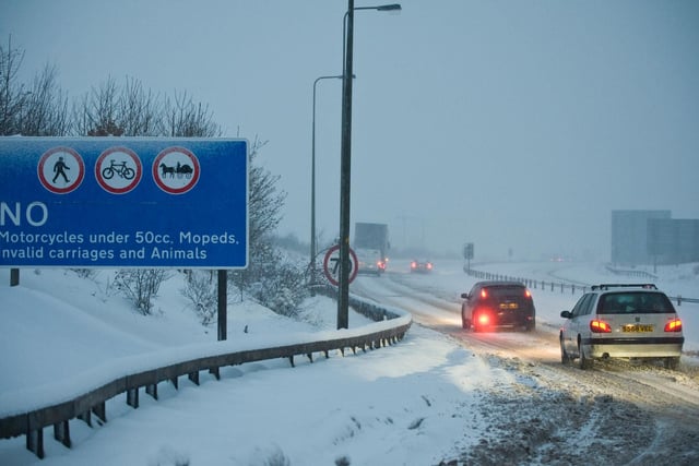 The A1 near Dunbar was covered with snow, with freezing temperatures bringing misery to Scotlands transport system.