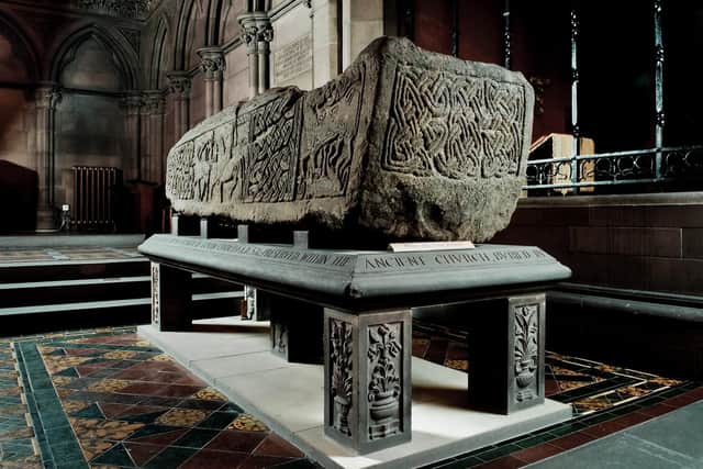 Another of the revered Govan Stones - which represent a lost ancient Kingdom on the southside of the River Clyde was discovered by a 14-year-old schoolboy. Pictured is the Govan Sarcophagus, perhaps the mightiest in the collection, with conservation work continuing on the latest find. PIC: Govan Heritage Trust.